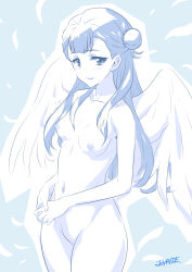 Rule 34 | 1girl, angel wings, artist name, blue background, blue eyes, blue hair, blue theme, blush, breasts, commentary request, feathered wings, feathers, hair bun, hugtto! precure, joy ride, long hair, looking at viewer, monochrome, navel, nipples, nude, own hands together, precure, ribs, signature, single hair bun, small breasts, smile, solo, wings, yakushiji saaya