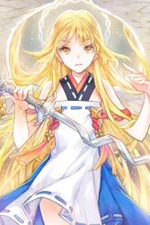 Rule 34 | 1girl, angel wings, blonde hair, grin, hakou (barasensou), holding, japanese clothes, kimono, korean clothes, long hair, lowres, nexia (sword girls), open mouth, smile, solo, sword, sword girls, very long hair, weapon, wings, yellow eyes