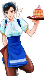 Rule 34 | 1girl, adapted costume, arm behind back, black hair, breasts, brown eyes, brown pantyhose, bun cover, capcom, chun-li, double bun, earrings, food, hair bun, heart, highres, jewelry, large breasts, lips, lipstick, loafers, makeup, pancake, pancake stack, pantyhose, puffy short sleeves, puffy sleeves, shoes, short hair, short sleeves, side slit, solo, spioka, street fighter, tray, very short hair, waitress, whipped cream