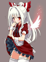 Rule 34 | 1girl, alternate costume, alternate hairstyle, angel wings, apron, blush, bow, bow panties, clothes lift, dress, dress lift, enmaided, female focus, frilled panties, frilled thighhighs, frills, fujiwara no mokou, garter straps, givuchoko, glowing, glowing wings, grey background, hair bow, hand to own mouth, highres, long hair, looking at viewer, maid, maid apron, panties, ponytail, red eyes, red skirt, simple background, skirt, skirt lift, solo, thighhighs, touhou, underwear, upskirt, white hair, white panties, white thighhighs, wings, wrist cuffs