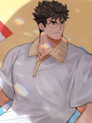 Rule 34 | 1boy, bara, beach, black hair, collared shirt, frown, full service (mazjojo), glasses, highres, looking to the side, male focus, manly, mature male, muscular, muscular male, outdoors, rald schwarz, shirt, solo, spiked hair, teeth, user gggs3572, yellow eyes