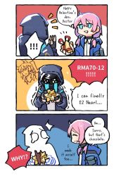 Rule 34 | 1other, 2girls, 3koma, animal ears, arknights, blue eyes, blue poison (arknights), comic, crying, doctor (arknights), english text, closed eyes, gift, hood, hood down, hooded jacket, horse ears, jacket, multiple girls, nearl (arknights), pink hair, speech bubble, surprised, valentine, vento