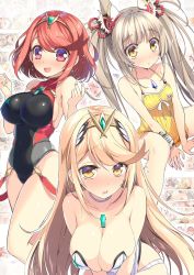 Rule 34 | 3girls, blonde hair, breasts, chest jewel, competition swimsuit, dress swimsuit, highres, large breasts, long hair, multiple girls, mythra (radiant beach) (xenoblade), mythra (xenoblade), nia (blade) (xenoblade), nia (fancy sundress) (xenoblade), nia (xenoblade), one-piece swimsuit, pyra (pro swimmer) (xenoblade), pyra (xenoblade), red eyes, red hair, short hair, strapless, strapless one-piece swimsuit, swept bangs, swimsuit, very long hair, watsuki ayamo, xenoblade chronicles (series), xenoblade chronicles 2, yellow eyes, yellow one-piece swimsuit