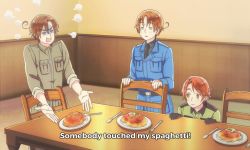 Rule 34 | 3boys, puff of air, = =, ahoge, angry, animated, animated gif, anime coloring, axis powers hetalia, breast pocket, brothers, brown hair, cioccolatodorima, collared shirt, closed eyes, fake screenshot, food, fork, green eyes, indoors, looking at another, meme, military, multiple boys, northern italy (hetalia), official style, outstretched hand, parody, pasta, pocket, principality of seborga (hetalia), shaded face, shirt, siblings, somebody touched my spaghetti, southern italy (hetalia), spaghetti, spoon, squatting, table, talking