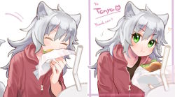 Rule 34 | 1girl, ^ ^, animal ears, blush, burger, closed eyes, commentary, commission, cup, disposable cup, drinking straw, eating, english commentary, closed eyes, food, green eyes, grey hair, hagihiyo (hagihiyo525), highres, holding, holding food, looking at viewer, mixed-language commentary, original, skeb commission, smile, tanya (zeke lawson)