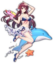 Rule 34 | 1girl, animal, artist request, bikini, blue footwear, bow, choker, dolphin, finger on trigger, game cg, hair ornament, holding, holding water gun, kujou riu, looking at viewer, mahjong soul, navel, official art, red bow, red eyes, red hair, simple background, smile, solo, starfish, swimsuit, third-party source, transparent background, water, water gun, yostar