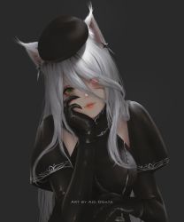 Rule 34 | 1girl, animal ear fluff, animal ears, aoi ogata, artist name, beret, black dress, black gloves, black hat, breasts, clip studio paint (medium), closed mouth, commentary, commission, dress, elbow gloves, english commentary, facial mark, fangs, fangs out, final fantasy, final fantasy xiv, gloves, green eyes, grey background, grey hair, hair between eyes, hand up, hat, head tilt, heterochromia, highres, medium breasts, miqo&#039;te, red eyes, red lips, short sleeves, simple background, smile, solo, upper body, warrior of light (ff14), watermark