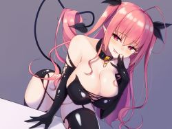 Rule 34 | 1girl, ahoge, arm support, bad id, bad pixiv id, bare shoulders, belt buckle, belt collar, black collar, black gloves, black panties, black ribbon, black thighhighs, blush, breasts, buckle, cleavage, collar, collarbone, demon girl, demon tail, elbow gloves, gloves, hair between eyes, hair flowing over, hair ribbon, half-closed eyes, hand up, heart, heart-shaped pupils, highres, large breasts, licking lips, long hair, looking at viewer, naughty face, on one knee, original, panties, parted lips, pink hair, pointy ears, ramchi, red eyes, ribbon, sidelocks, signature, simple background, smile, solo, symbol-shaped pupils, tail, tail raised, thighhighs, tongue, tongue out, twintails, two side up, underwear, very long hair