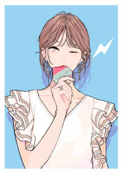 Rule 34 | 1girl, absurdres, blouse, blue background, brown eyes, brown hair, collarbone, earrings, eating, food, frilled shirt, frills, fruit, hand up, highres, jewelry, keiko (um7mr1), lightning bolt symbol, one eye closed, original, popsicle, ring, shadow, shirt, solo, upper body, watermelon, watermelon slice, white background, white shirt