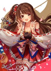 Rule 34 | 1girl, :d, arms up, artist name, bare shoulders, breasts, brown eyes, brown hair, commentary, double w, egasumi, flower, hair flower, hair ornament, highres, idolmaster, idolmaster cinderella girls, japanese clothes, kimono, long hair, long sleeves, looking at viewer, one side up, open mouth, petals, qs11, red skirt, ribbon trim, sash, shimamura uzuki, sidelocks, simple background, skirt, smile, solo, thighhighs, w, white thighhighs, wide sleeves