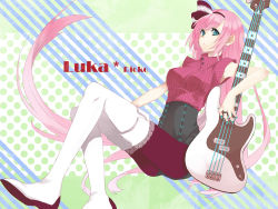 Rule 34 | 1girl, bad id, bad pixiv id, bass guitar, blue eyes, boots, bow, breasts, female focus, hair bow, instrument, crossed legs, long hair, megurine luka, pink hair, rioko, sitting, solo, thigh boots, thighhighs, very long hair, vocaloid
