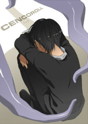 Rule 34 | 1boy, black hair, cencoroll, copyright name, depressed, male focus, monster, sad, sitting, solo, tentacles, tentacles on male, you gonna get raped