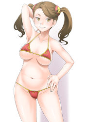Rule 34 | 10s, 1girl, armpits, bikini, blush, breasts, brown hair, cameltoe, covered erect nipples, female focus, groin, gundam, gundam build fighters, gundam build fighters try, hand on own hip, highres, hornet (artist), large breasts, legs, long hair, looking at viewer, micro bikini, navel, sazaki kaoruko, shadow, simple background, smile, solo, standing, swimsuit, thighs, twintails, white background, yellow eyes