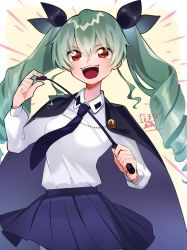 Rule 34 | 1girl, :d, anchovy (girls und panzer), anzio school uniform, artist name, black cape, black necktie, blue skirt, boots, cape, commentary, dress shirt, drill hair, emblem, emphasis lines, girls und panzer, green hair, hair ribbon, holding, holding riding crop, knee boots, long hair, long sleeves, looking at viewer, namazu (dc 27546), necktie, open mouth, pleated skirt, red eyes, ribbon, riding crop, school uniform, shirt, signature, skirt, smile, smirk, smug, solo, twin drills, twintails, white shirt, wing collar