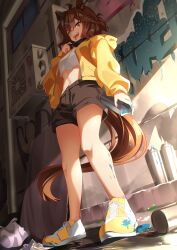 Rule 34 | 1girl, absurdres, ahoge, animal ears, brown hair, commentary request, condenser unit, crop top, crop top overhang, earrings, from below, hair between eyes, hair ornament, hairclip, highres, horse ears, horse girl, horse tail, jacket, jewelry, jungle pocket (umamusume), long sleeves, looking at viewer, medium hair, navel, notched ear, open mouth, paint can, shirt, shoes, short hair, shorts, smile, sunny (20597521), tail, teeth, tongue, tongue out, umamusume, yellow eyes, yellow footwear