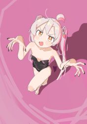 Rule 34 | 1girl, ahoge, bare arms, bare legs, bare shoulders, barefoot, black leotard, black nails, blush, breasts, bright pupils, brown eyes, claw pose, commentary request, covered navel, demon tail, fake tail, fang, food-themed hair ornament, from above, full body, grey hair, hair ornament, halloween costume, highres, jitome, leg up, leotard, long hair, looking at viewer, looking up, nail polish, onii-chan wa oshimai!, oyama mahiro, pink hair, purple background, shadow, simple background, small breasts, smile, solo, standing, standing on one leg, strapless, strapless leotard, strawberry hair ornament, tail, twintails, v-shaped eyebrows, very long hair, yana (muuimiingan)