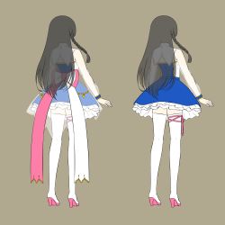 Rule 34 | 1girl, black hair, blue skirt, boots, bow, braid, brown background, facing away, frilled skirt, frills, from behind, high heel boots, high heels, highres, long hair, multiple views, nijisanji, pink bow, pink ribbon, ribbon, see-through, see-through sleeves, shirihime, shirt, side braid, simple background, single braid, skirt, standing, strapless, thigh boots, thighhighs, tsukino mito, very long hair, virtual youtuber, white bow, white footwear, white thighhighs, x-ray