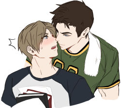 Rule 34 | 2boys, alternate universe, blonde hair, blue eyes, blush, book, brown hair, chris redfield, closed mouth, contemporary, couple, crew neck, cropped arm, cropped torso, eye contact, green shirt, highres, holding, holding book, jersey, jujeop, leon s. kennedy, looking at another, male focus, multicolored shirt, multiple boys, mutlicolored clothing, nervous sweating, notice lines, open mouth, resident evil, shirt, short sleeves, simple background, smile, surprised, sweat, sweatdrop, teeth, towel, towel around neck, upper body, upper teeth only, white background, yaoi