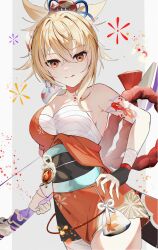Rule 34 | 1girl, absurdres, arm tattoo, blonde hair, bow (weapon), breasts, cleavage, collarbone, cowboy shot, fish tattoo, genshin impact, hair between eyes, half updo, hand on own hip, hiciki, highres, holding, holding bow (weapon), holding weapon, japanese clothes, kimono, looking at viewer, medium breasts, nail polish, orange eyes, orange kimono, orange nails, sarashi, short kimono, solo, standing, tattoo, tongue, tongue out, weapon, yoimiya (genshin impact)