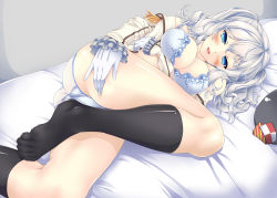 Rule 34 | 10s, 1girl, :d, akairo no mako, ass, bare shoulders, bed, bed sheet, beret, black hat, black socks, blue bra, blue eyes, blue panties, bow, bra, breast hold, breasts, cleavage, epaulettes, frilled sleeves, frills, gloves, grey background, hand on thigh, hat, hat bow, highres, jacket, kantai collection, kashima (kancolle), kneehighs, large breasts, long sleeves, looking at viewer, lying, military, military uniform, off shoulder, on bed, on side, open clothes, open jacket, open mouth, panties, shiny skin, short hair, short twintails, silver hair, simple background, smile, socks, solo, twintails, underwear, uniform, unworn hat, unworn headwear, wavy hair, white gloves, white jacket
