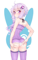 Rule 34 | 1girl, aho whale, ass, bare arms, bare shoulders, blush, breasts, dress, from behind, hair ornament, highres, long hair, looking at viewer, looking back, panties, purple dress, purple eyes, purple hair, purple thighhighs, short dress, sidelocks, sleeveless, sleeveless dress, small breasts, solo, standing, thighhighs, underwear, voiceroid, white background, white panties, yuzuki yukari
