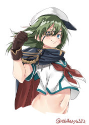 Rule 34 | 1girl, blue eyes, blush, brown gloves, clenched hand, closed mouth, cropped torso, ebifurya, eyepatch, flat cap, gloves, green hair, hat, highres, kantai collection, kiso (kancolle), looking at viewer, medium hair, navel, neckerchief, one eye covered, red neckerchief, scar, scar across eye, scar on face, shirt, short sleeves, sideways hat, simple background, smile, solo, stomach, twitter username, upper body, white background, white hat, white shirt