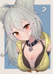 Rule 34 | 1girl, :3, ?, ahoge, animal ear fluff, animal ears, bare shoulders, black collar, blue background, blush, breasts, brown eyes, cleavage, closed mouth, collar, commentary request, erune, flower, granblue fantasy, grey background, grey hair, hair between eyes, hair flower, hair ornament, head tilt, highres, hood, hood down, long hair, looking at viewer, medium breasts, revision, sen (granblue fantasy), solo, two-tone background, uneg, upper body, white flower