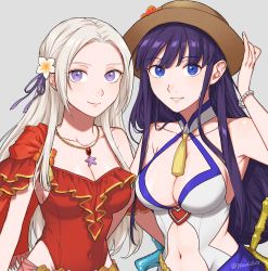 Rule 34 | 2girls, altina (fire emblem), blue eyes, blush, breasts, cleavage, clothing cutout, covered navel, edelgard von hresvelg, fire emblem, fire emblem: radiant dawn, fire emblem: three houses, fire emblem heroes, frilled one-piece swimsuit, frills, grey background, hair ribbon, hat, highres, large breasts, long hair, looking at viewer, multiple girls, navel, navel cutout, nintendo, official alternate costume, one-piece swimsuit, open mouth, peach11 01, purple eyes, purple hair, red one-piece swimsuit, ribbon, simple background, smile, swimsuit, very long hair, white hair