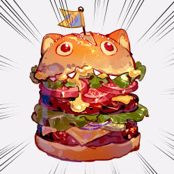 bread burger cheese flag food highres lettuce made_in_abyss meat mitty_(made_in_abyss) momuraer motion_lines mustard no_humans onion_slice sesame_seeds simple_background sliced_cheese still_life tomato tomato_slice white_background