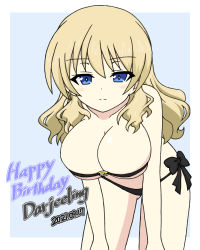Rule 34 | 1girl, alternate hairstyle, bikini, birthday, blue background, border, breasts, character name, cleavage, closed mouth, commentary, darjeeling (girls und panzer), dated, english text, girls und panzer, hair down, half-closed eyes, hands on own knees, happy birthday, highres, ichinose jun, large breasts, leaning forward, long hair, looking at viewer, o-ring, o-ring bikini, outside border, side-tie bikini bottom, skindentation, smile, solo, standing, strapless, strapless bikini, swimsuit, white border