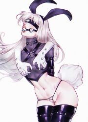 Rule 34 | 1girl, absurdres, animal ears, arms behind back, ball gag, black blindfold, black choker, black thighhighs, blindfold, bondage outfit, breast hold, breasts, choker, dide6an, disembodied hand, fake animal ears, gag, gagged, heart, heart choker, highres, latex, latex legwear, long hair, medium breasts, navel, original, pearl thong, rabbit ears, rabbit tail, tail, thighhighs, white hair, wiffle gag