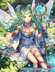 Rule 34 | 10s, 1girl, bare shoulders, blush, breasts, circlet, cleavage, dress, esukee, green hair, large breasts, looking at viewer, official art, original, outstretched arm, red eyes, ribbon, seisen cerberus, sitting, smile, solo, wading, wand, water, wings, wristband