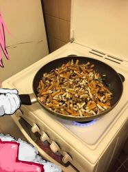 Rule 34 | 1girl, bad food, cigarette butt, commentary, cooking, dress, english commentary, fire, frying pan, gloves, holding, holding frying pan, iamgod 0526, indoors, kaname madoka, mahou shoujo madoka magica, mahou shoujo madoka magica (anime), mixed media, out of frame, photo background, pink dress, pink hair, solo, stove, tile wall, tiles, white gloves