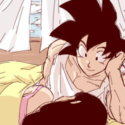 Rule 34 | 1boy, 1girl, back turned, bed sheet, black eyes, black hair, chi-chi (dragon ball), cloud, cloudy sky, couple, curtains, dragon ball, happy, looking at another, looking down, lying, miiko (drops7), out of frame, pink shirt, shirt, sky, smile, son goku, white shirt, window