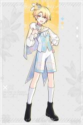 Rule 34 | 1boy, animal ears, black footwear, blonde hair, blue vest, boots, bow, bowtie, brooch, cape, coattails, commentary, crown, gold trim, hand on own chest, hand on own hip, highres, jewelry, long sleeves, looking at viewer, mini crown, open mouth, project sekai, puffy long sleeves, puffy sleeves, rabbit ears, shirt, shorts, smile, socks, solo, tenma tsukasa, vest, waka (wk4444), white bow, white bowtie, white cape, white shirt, white shorts, white socks, yellow eyes