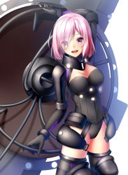 Rule 34 | 1girl, :d, arm up, black leotard, breasts, cleavage, cleavage cutout, clothing cutout, cowboy shot, eyes visible through hair, fate/grand order, fate (series), hair over one eye, highres, leotard, looking at viewer, mash kyrielight, medium breasts, open mouth, mash kyrielight (ortenaus), pink hair, purple eyes, rukinya (nyanko mogumogu), short hair, smile, solo, standing
