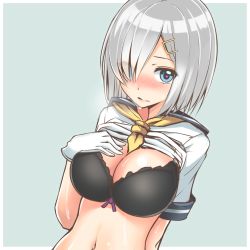 Rule 34 | 10s, 1girl, aqua background, bad id, bad pixiv id, black bra, blue eyes, blush, bow, bow bra, bra, breasts, cleavage, clothes lift, commentary request, gloves, hair ornament, hair over one eye, hairclip, hamakaze (kancolle), hand on own chest, heart, heart-shaped pupils, kantai collection, large breasts, looking at viewer, navel, school uniform, serafuku, shirt lift, short hair, silver hair, smile, solo, symbol-shaped pupils, takamiya nao, teal background, underwear, white gloves