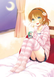 Rule 34 | 1girl, bed, blush, brown hair, crescent moon, cup, flower, green eyes, hair flower, hair ornament, hairband, mina m, mochizuki mina, moon, mug, open mouth, original, pillow, shorts, sitting, smile, solo, steam, striped clothes, striped thighhighs, sweater, thighhighs, window, wool