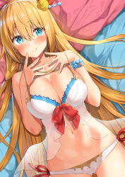 Rule 34 | 1girl, :q, ahoge, b-ginga, bad id, bad pixiv id, bare shoulders, bead bracelet, beads, bikini, blue eyes, blush, bracelet, braid, breasts, cleavage, closed mouth, collarbone, commentary request, cowboy shot, flower, gluteal fold, groin, hair between eyes, hair flower, hair ornament, hairband, hands up, jewelry, large breasts, long hair, looking at viewer, lying, navel, on back, orange hair, pecorine (princess connect!), pecorine (summer) (princess connect!), princess connect!, revision, side-tie bikini bottom, smile, solo, strap pull, swimsuit, tongue, tongue out, very long hair, white bikini