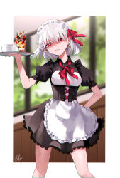Rule 34 | 1girl, alternate costume, apron, bebe (bebe pp), black dress, blurry, blurry background, breasts, commentary request, dress, enmaided, fate/grand order, fate (series), frills, frown, hair ornament, hair ribbon, highres, holding, holding plate, kama (fate), looking at viewer, maid, maid apron, maid day, maid headdress, medium breasts, plate, puffy short sleeves, puffy sleeves, red eyes, red ribbon, ribbon, short hair, short sleeves, signature, solo, teeth