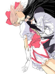 Rule 34 | 10s, 2girls, akemi homura, black hair, bow, closed eyes, gloves, hair bow, hiroe rei, kaname madoka, long hair, magical girl, mahou shoujo madoka magica, mahou shoujo madoka magica (anime), multiple girls, open mouth, pink hair, sad, short hair, short twintails, shouting, simple background, sketch, twintails, white background, white gloves