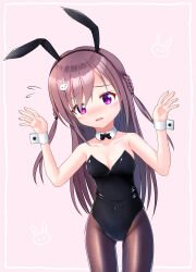 1girl absurdres animal_ear_hairband animal_ears bare_shoulders black_bow black_bowtie black_hairband blush bow bowtie braid breasts brown_pantyhose cleavage collarbone commentary covered_navel detached_collar dot_nose fake_animal_ears flying_sweatdrops getsuyoshi hair_ornament hair_over_one_eye hairband hands_up highres leotard long_hair looking_at_viewer medium_breasts mizushino_sono nervous nose_blush open_mouth pantyhose pink_background playboy_bunny purple_eyes purple_hair rabbit_ear_hairband rabbit_ears rabbit_hair_ornament re:stage! solo swept_bangs white_wrist_cuffs wrist_cuffs