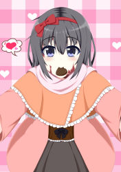Rule 34 | 1girl, :&gt;, black hair, blue eyes, blush, bow, brown hair, burn scar, capelet, coat, commentary request, dorei to no seikatsu ~teaching feeling~, frilled capelet, frills, hair between eyes, hair bow, hairband, heart, highres, incoming hug, long hair, looking at viewer, mouth hold, outstretched arms, plaid, plaid background, scar, solo, spoken heart, spread arms, sylvie (dorei to no seikatsu), takahiko, valentine