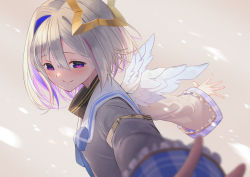 Rule 34 | 1girl, amane kanata, angel, angel wings, armband, asymmetrical bangs, asymmetrical hair, blue bow, blue bowtie, blue hair, bob cut, bow, bowtie, closed mouth, colored inner hair, cropped jacket, feathered wings, from side, grey hair, grey jacket, halo, highres, hololive, jacket, long sleeves, looking at viewer, looking to the side, mini wings, multicolored hair, outstretched arms, pink hair, purple eyes, sailor collar, school uniform, serafuku, short hair, single hair intake, smile, solo, star halo, streaked hair, turtleneck, upper body, virtual youtuber, white sailor collar, white wings, wings, yoruillust