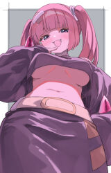 Rule 34 | 1girl, :3, belt, black jacket, black skirt, blunt bangs, blunt ends, blush, breasts, commentary request, creatures (company), fang, finger to mouth, fingernails, from below, game freak, grey background, hair ornament, hair ribbon, hand on own hip, highres, jacket, large breasts, long sleeves, looking at viewer, mesugaki, midriff, mukai 778, nail polish, navel, nintendo, off shoulder, open mouth, pink hair, pink nails, pokemon, pokemon (anime), pokemon horizons, purple eyes, ribbon, coral (pokemon), skirt, sleeves past wrists, smile, solo, stomach, twintails, two-tone background, underboob, upshirt, white background, white ribbon, x hair ornament, yellow belt