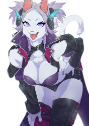 Rule 34 | 1girl, :3, animal ears, animal hands, artist name, asymmetrical legwear, black shirt, black shorts, black sleeves, black thighhighs, blue eyes, blue horns, blue nails, body fur, bra, breasts, cat ears, cat girl, cat tail, claws, cleavage, cowboy shot, crop top, curled horns, fangs, female focus, forehead, furry, furry female, grey hair, hand on own hip, hand on own thigh, happy, high collar, horns, large breasts, leaning forward, long sleeves, looking at viewer, open clothes, open mouth, open shirt, original, purple bra, red thighhighs, shirt, short hair, short shorts, shorts, sidelocks, signature, simple background, smile, solo, standing, tail, teeth, teko (tawake), thighhighs, thighs, tongue, underwear, v-shaped eyebrows, white background, white fur