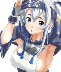 Rule 34 | 1girl, ainu clothes, armpits, blue eyes, breasts, hair between eyes, headband, highres, japanese clothes, kamoi (kancolle), kantai collection, large breasts, long hair, looking at viewer, open mouth, sideboob, silver hair, simple background, solo, tama (tamago), thick eyebrows, white background