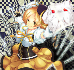 Rule 34 | 10s, 1girl, beret, blonde hair, breasts, drill hair, fingerless gloves, gloves, hat, houkagi yuu, kyubey, large breasts, magical girl, mahou shoujo madoka magica, mahou shoujo madoka magica (anime), puffy sleeves, tomoe mami, twintails