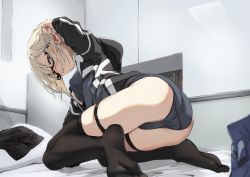 Rule 34 | 1girl, adjusting hair, artoria pendragon (fate), blonde hair, commentary request, fate/grand order, fate (series), fu-ta, glasses, highres, hood, hoodie, jacket, jacket over swimsuit, kneeling, looking at viewer, looking back, mysterious heroine x alter (fate), mysterious heroine x alter (second ascension) (fate), on bed, one-piece swimsuit, school swimsuit, semi-rimless eyewear, solo, swimsuit, swimsuit under clothes, thighhighs, under-rim eyewear, yellow eyes