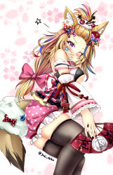 Rule 34 | 1girl, absurdres, bandeau, bangs pinned back, blonde hair, bow, breasts, cherry blossoms, covering own mouth, detached sleeves, ebiko yaki, eyelashes, fishnet thighhighs, fishnets, floral background, folding fan, fox tail, from below, hair bow, hand fan, highres, holding, holding fan, hololive, japanese clothes, kimono, large breasts, long hair, looking at viewer, low tied hair, multicolored hair, obi, omaru polka, omaru polka (new year), one eye closed, pink background, pink bow, polka dot, polka dot shorts, purple eyes, sash, shorts, skindentation, sleeveless, sleeveless kimono, solo, spoken star, star (symbol), streaked hair, tail, thick thighs, thighhighs, thighs, twitter username, underboob, very long hair, virtual youtuber, zettai ryouiki